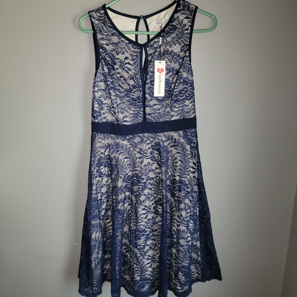 Kate Kasin Royal Blue Lace Lined Eyelet Size Medium Dress NWT